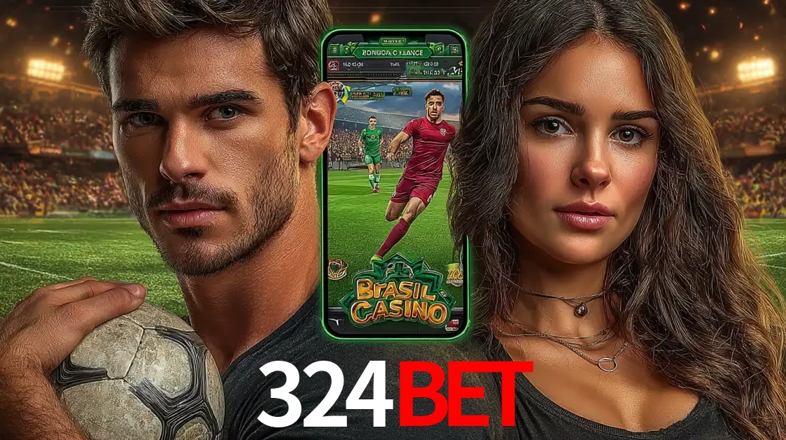 Homem segurando uma bola de futebol e uma mulher ao lado de um smartphone exibindo o jogo de apostas esportivas da 324BET. Faça seu palpite no cassino online.